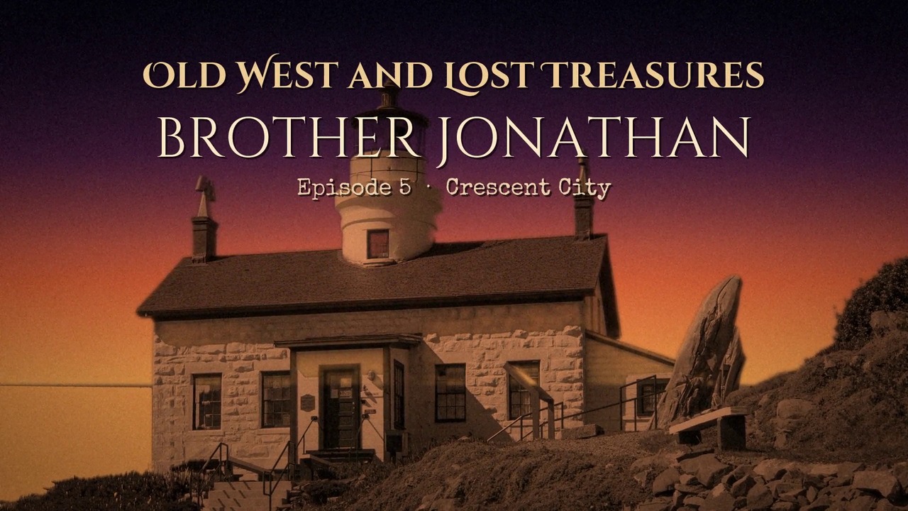 Title card for episode 5, Brother Jonathan, over Battery Point Lighthouse at dusk.