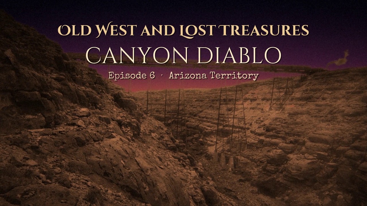 Title card for episode 6, Canyon Diablo, over the railroad bridge at dusk.